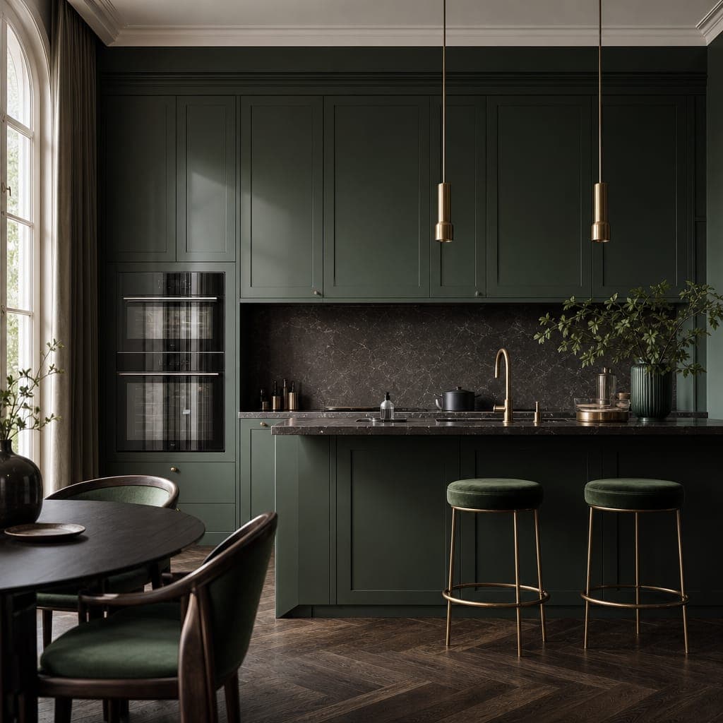 Dunkelgrüne Designküche mit Marmor und Messing