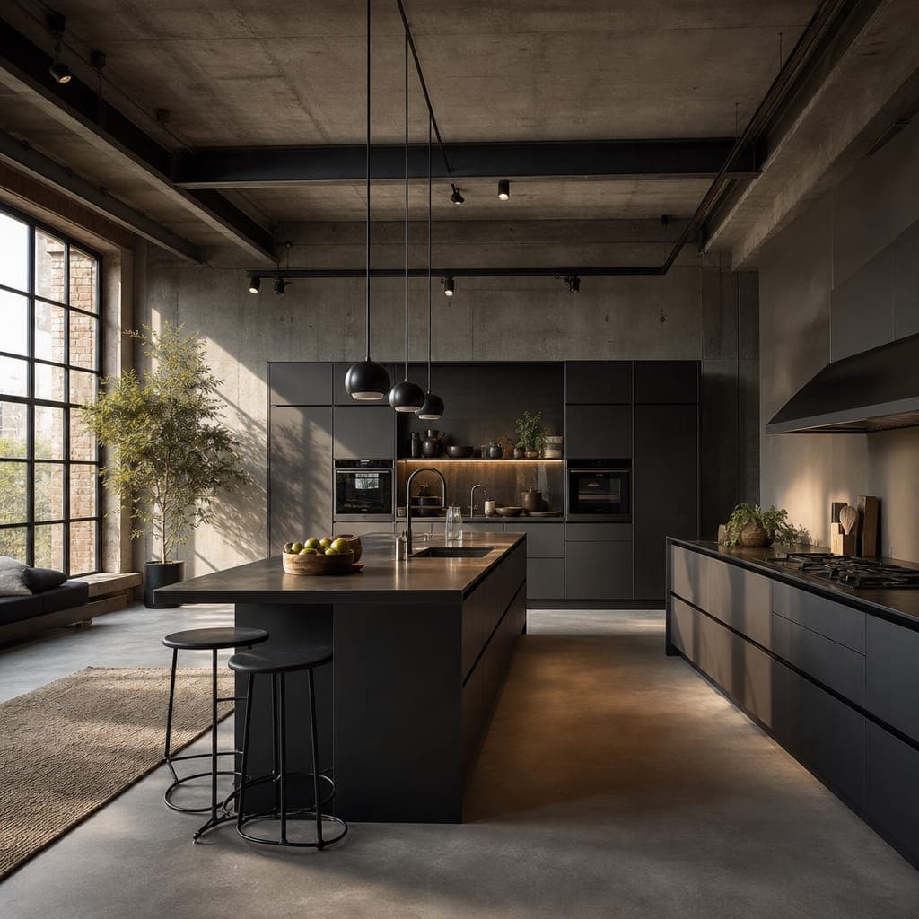 Industrielle Loft-Küche mit Beton und schwarzem Stahl