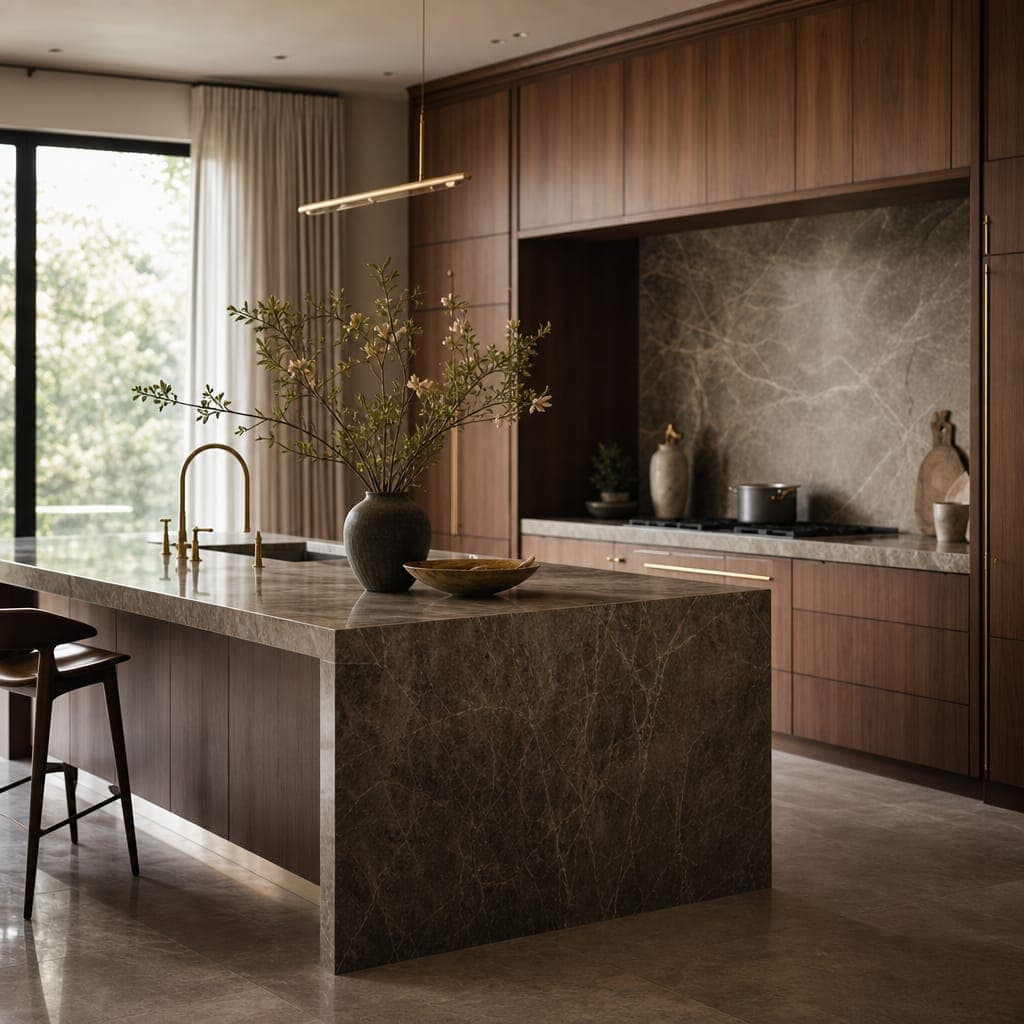 Moderne Kücheninsel mit Marmor-Waterfall-Arbeitsplatte und Walnussfronten